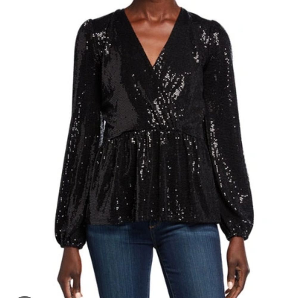 MICHAEL Michael Kors Black Mirror Dot Sequin Faux-Wrap Top Blouson Sleeve - Picture 3 of 8